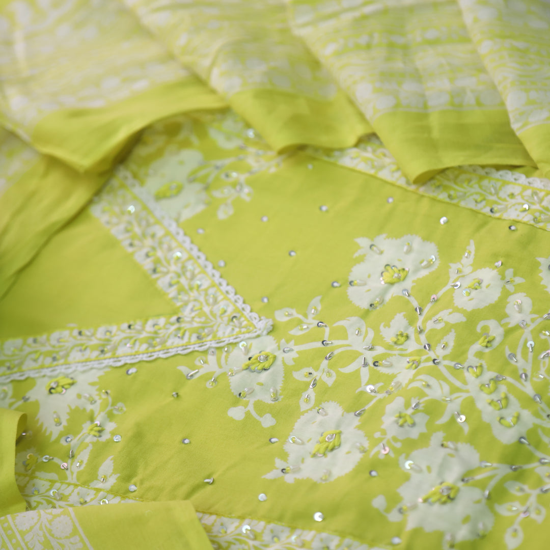 Raina Lemon Yellow Embellished Neck Work Floral Printed Cotton Suit Set
