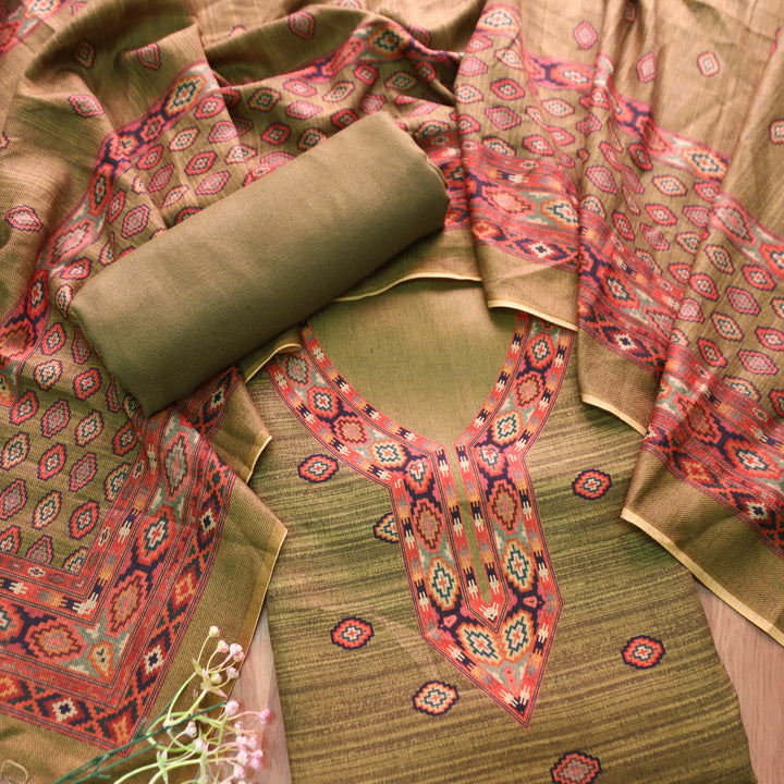 भानु Dark Fern Green with Elegant Digital Printed Work Semi Pashmina winter Set