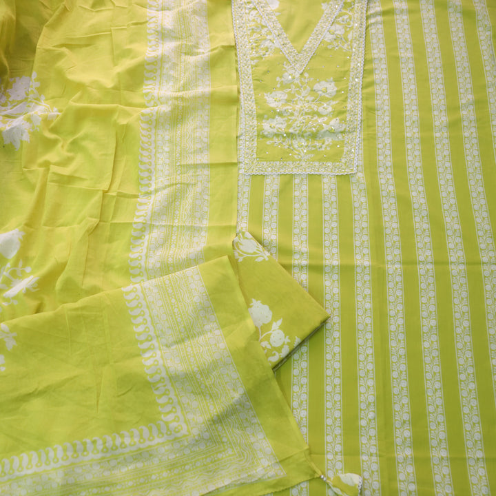 Raina Lemon Yellow Embellished Neck Work Floral Printed Cotton Suit Set