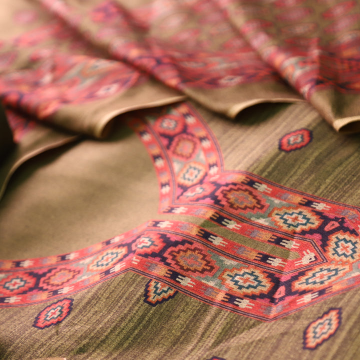 भानु Dark Fern Green with Elegant Digital Printed Work Semi Pashmina winter Set