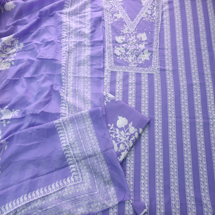 Raina Orchid Purple Embellished Neck Work Floral Printed Cotton Suit Set