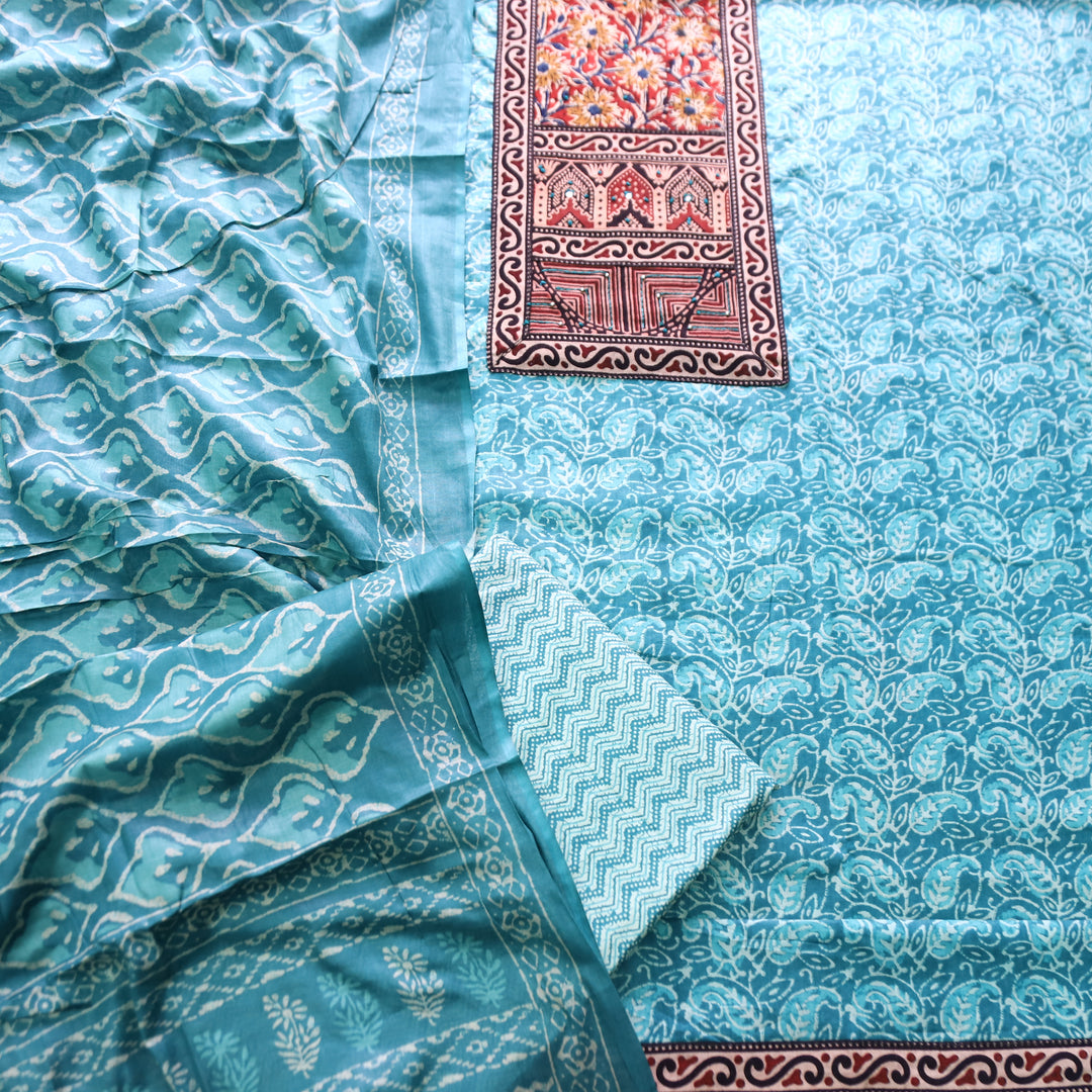 Shanvi Aqua Ocean Kutch Work Ajrak Printed Yoke in Kalamkari Printed Cotton Suit Set