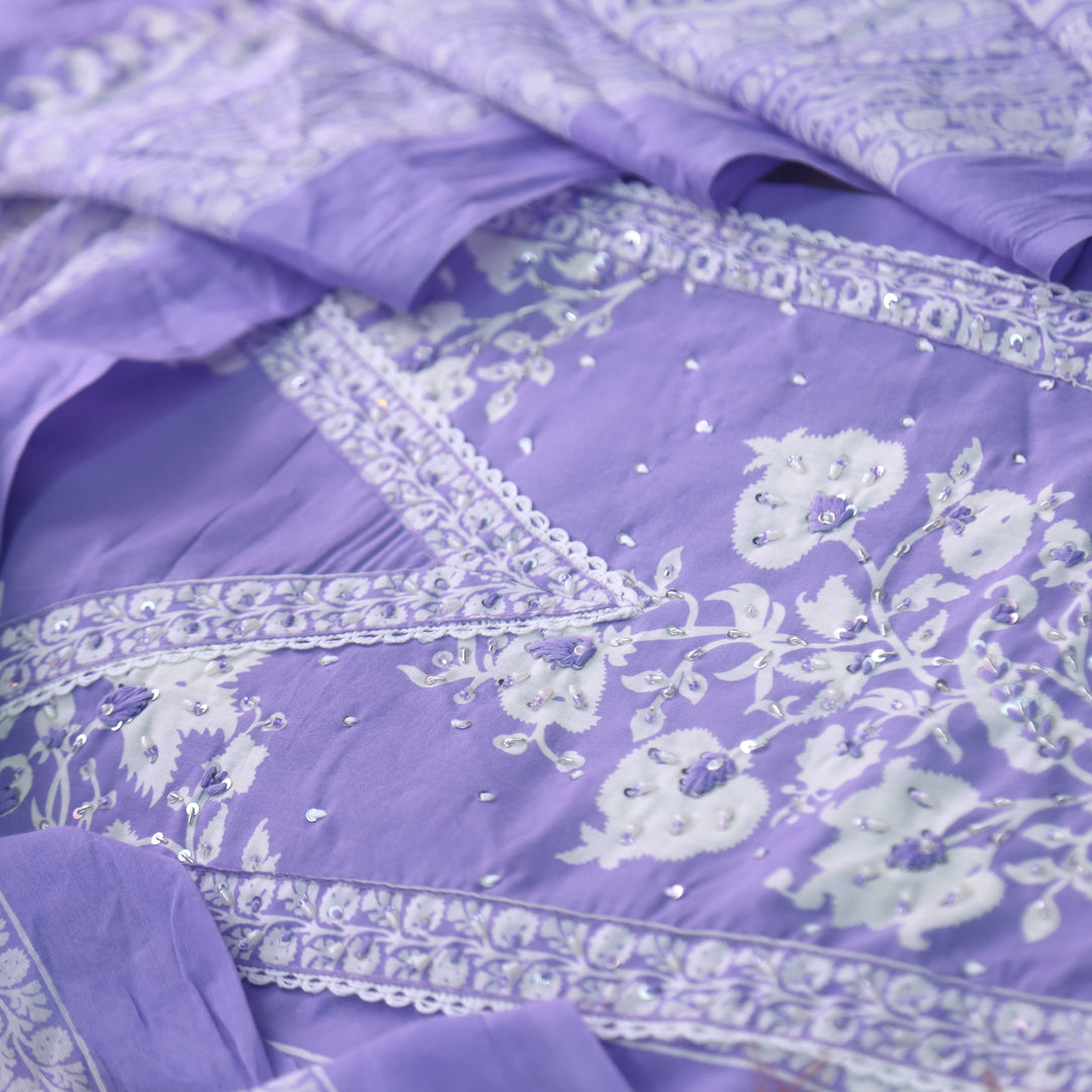 Raina Orchid Purple Embellished Neck Work Floral Printed Cotton Suit Set