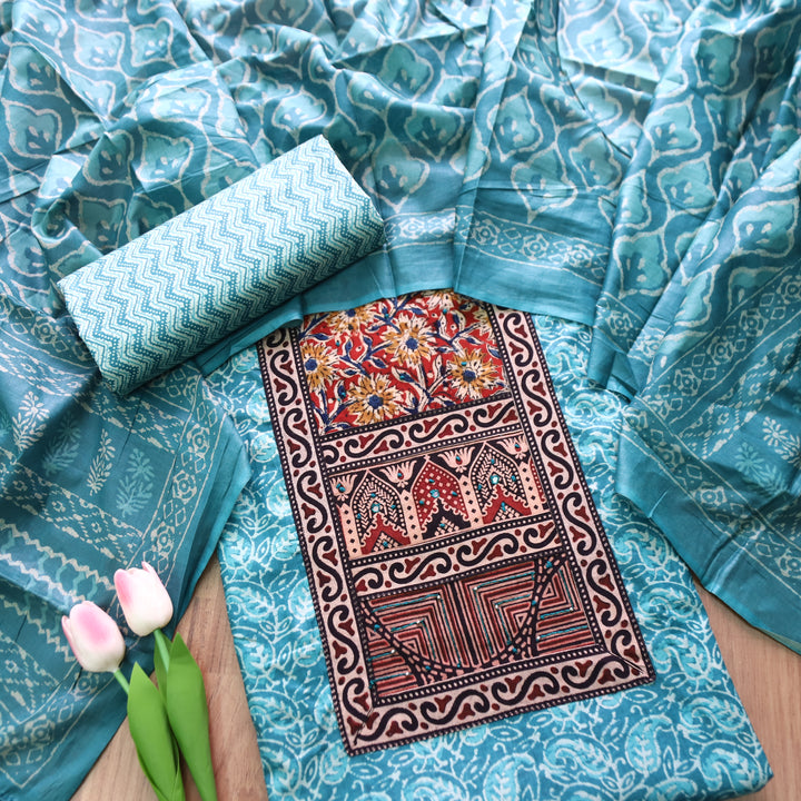 Shanvi Aqua Ocean Kutch Work Ajrak Printed Yoke in Kalamkari Printed Cotton Suit Set