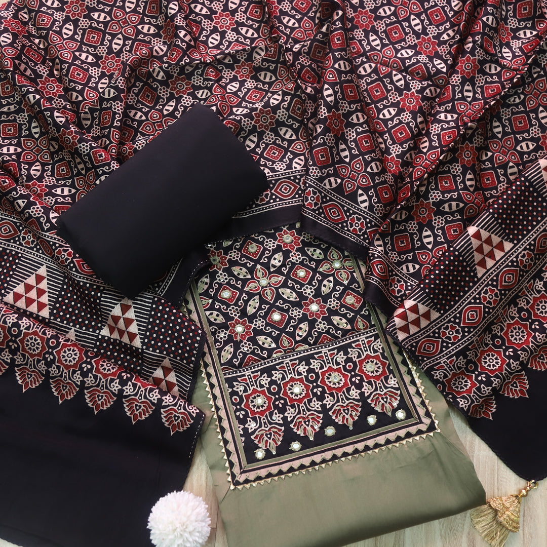 Safar Dark Sage Printed Work Neck Glazed Cotton Suit with Mashru Dupatta-D1