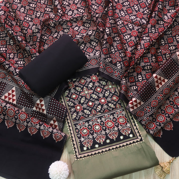 Safar Dark Sage Printed Work Neck Glazed Cotton Suit with Mashru Dupatta-D1