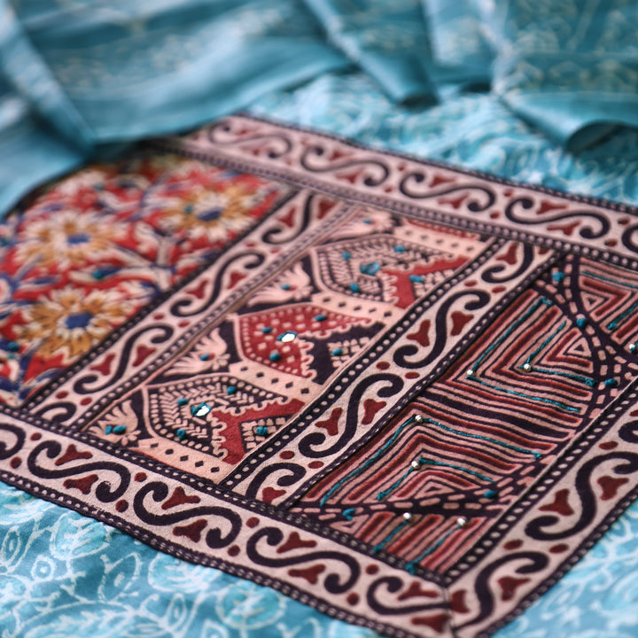 Shanvi Aqua Ocean Kutch Work Ajrak Printed Yoke in Kalamkari Printed Cotton Suit Set