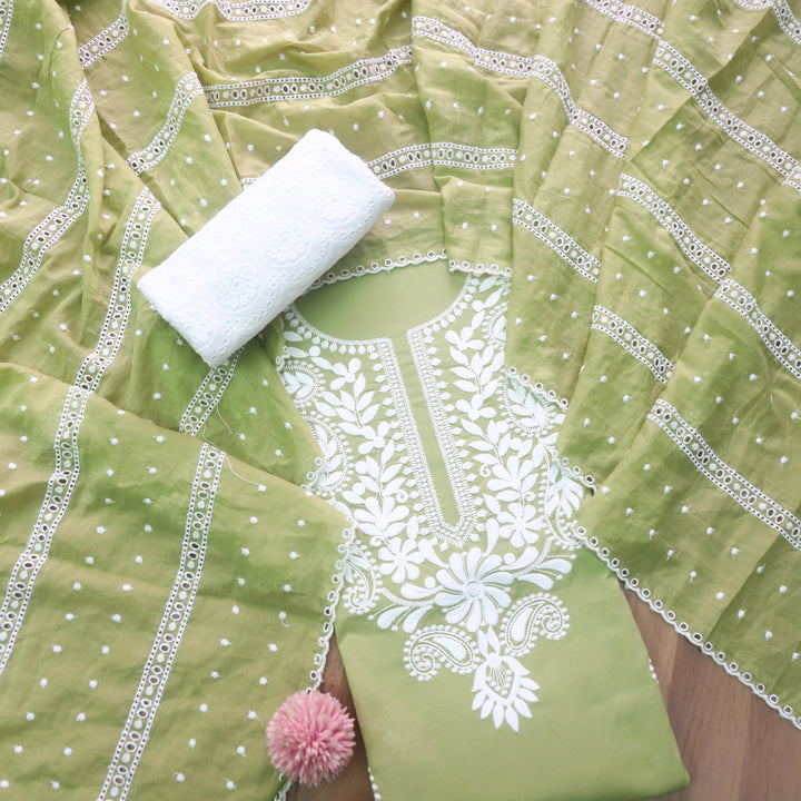 Suroor Olive Sage Chikankari Inspired Neck Thread Work Cotton Suit Set