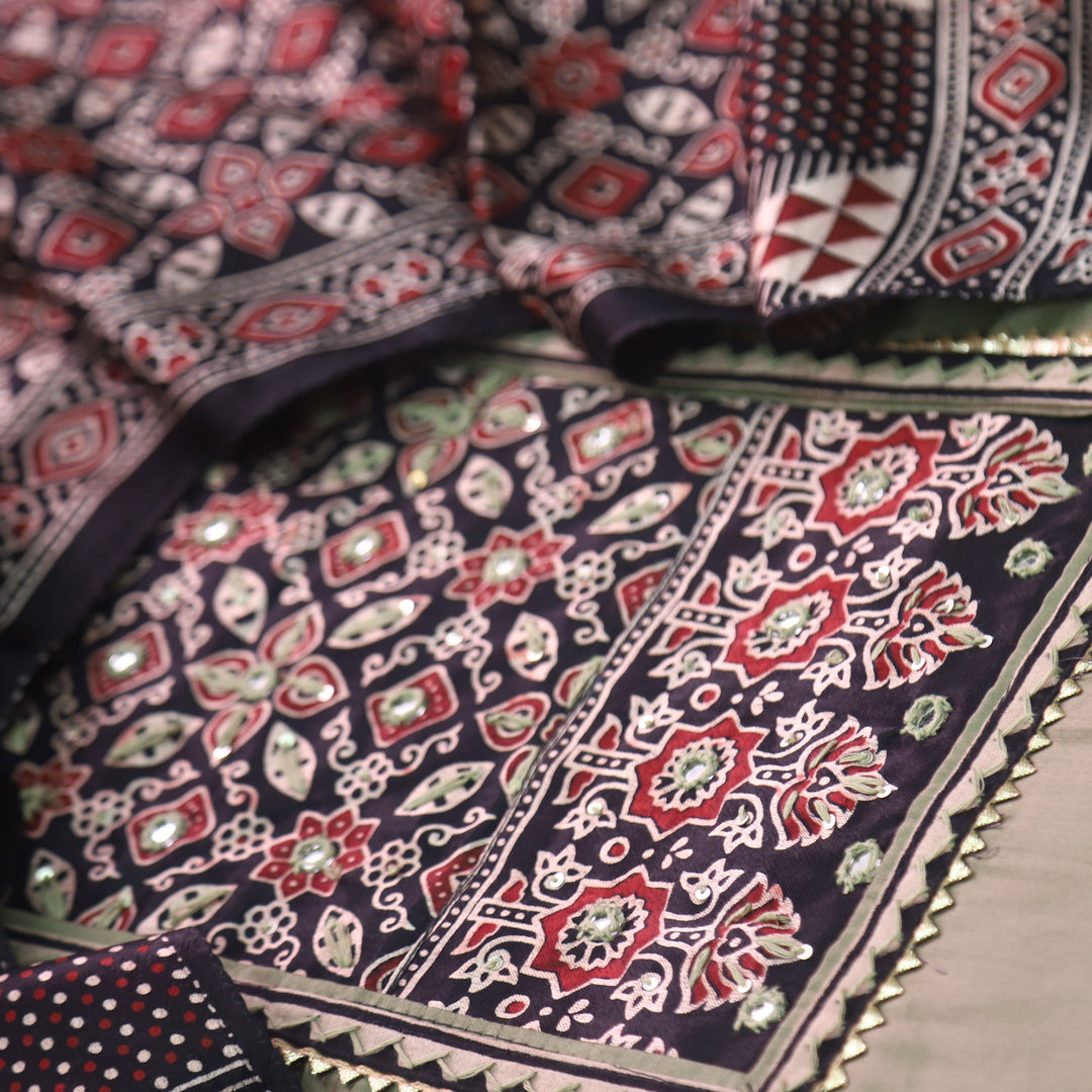 Safar Dark Sage Printed Work Neck Glazed Cotton Suit with Mashru Dupatta-D1