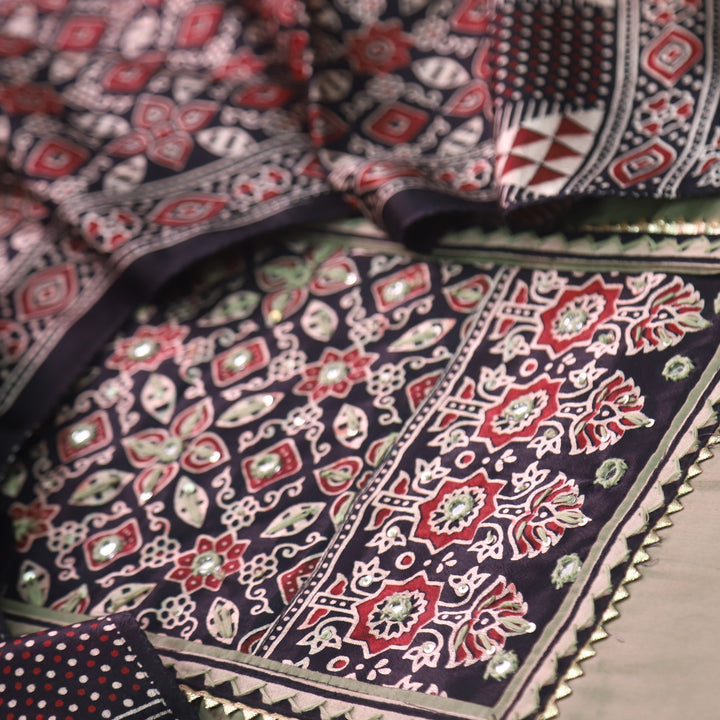 Safar Dark Sage Printed Work Neck Glazed Cotton Suit with Mashru Dupatta-D1