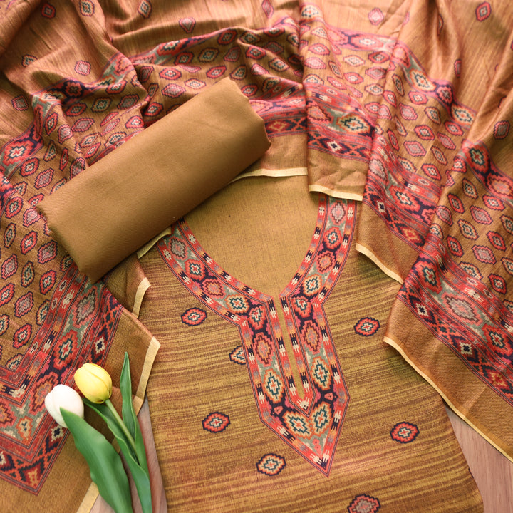 भानु Olive Brownish with Elegant Digital Printed Work Semi Pashmina winter Set