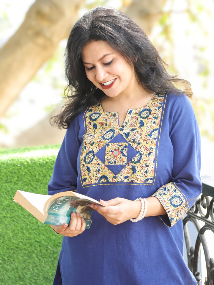 Kalmi Denim Blue with Kalamakri Patch with Mirror Work Short Cotton Kurti