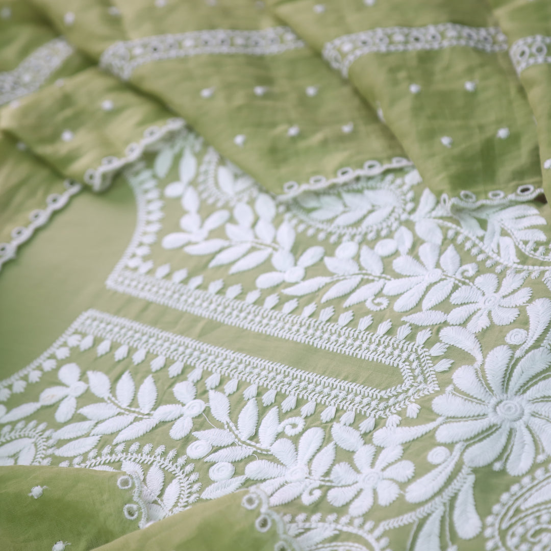 Suroor Olive Sage Chikankari Inspired Neck Thread Work Cotton Suit Set