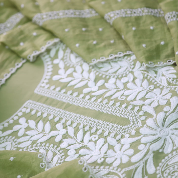 Suroor Olive Sage Chikankari Inspired Neck Thread Work Cotton Suit Set