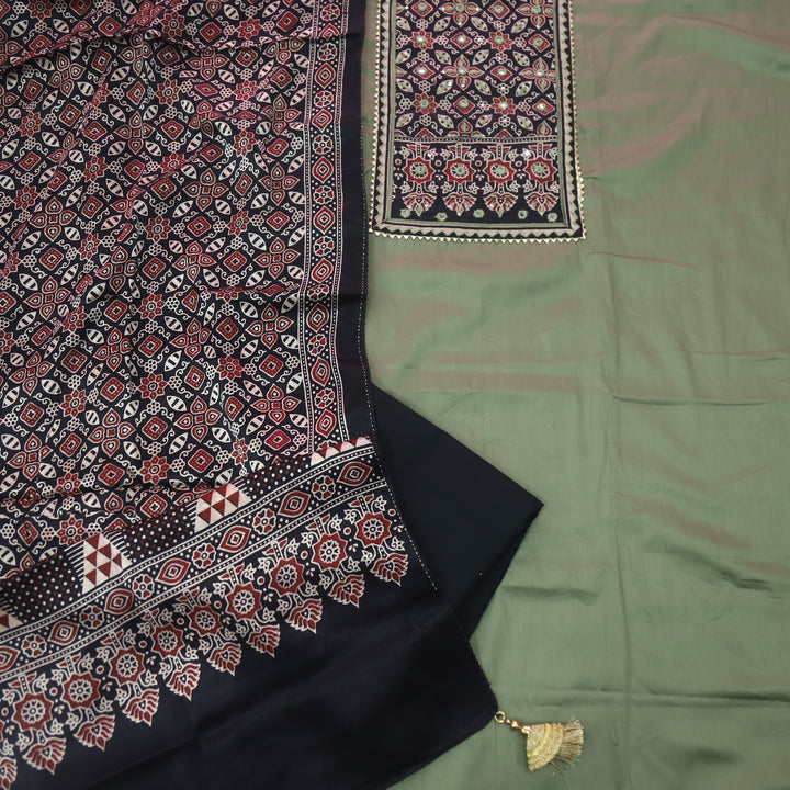 Safar Dark Sage Printed Work Neck Glazed Cotton Suit with Mashru Dupatta-D1