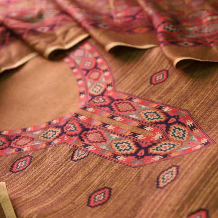 भानु Olive Brownish with Elegant Digital Printed Work Semi Pashmina winter Set