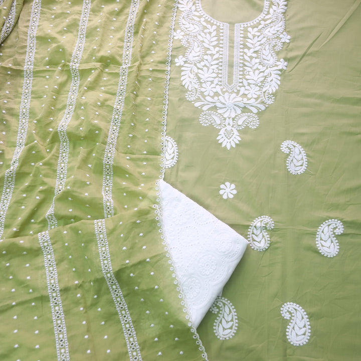 Suroor Olive Sage Chikankari Inspired Neck Thread Work Cotton Suit Set
