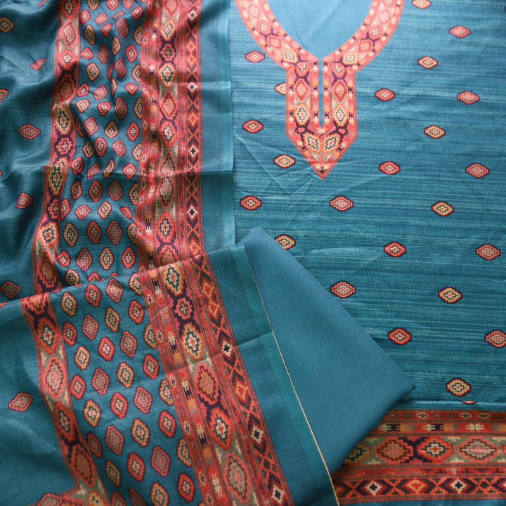 भानु Prussian Teal with Elegant Digital Printed Work Semi Pashmina winter Set
