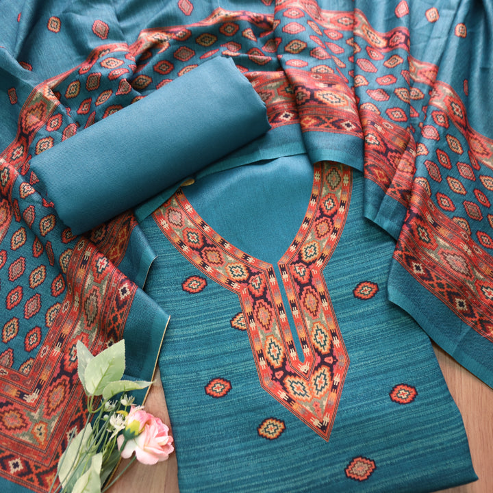 भानु Prussian Teal with Elegant Digital Printed Work Semi Pashmina winter Set