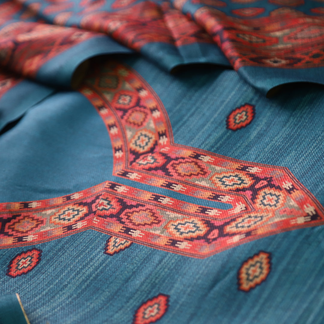 भानु Prussian Teal with Elegant Digital Printed Work Semi Pashmina winter Set