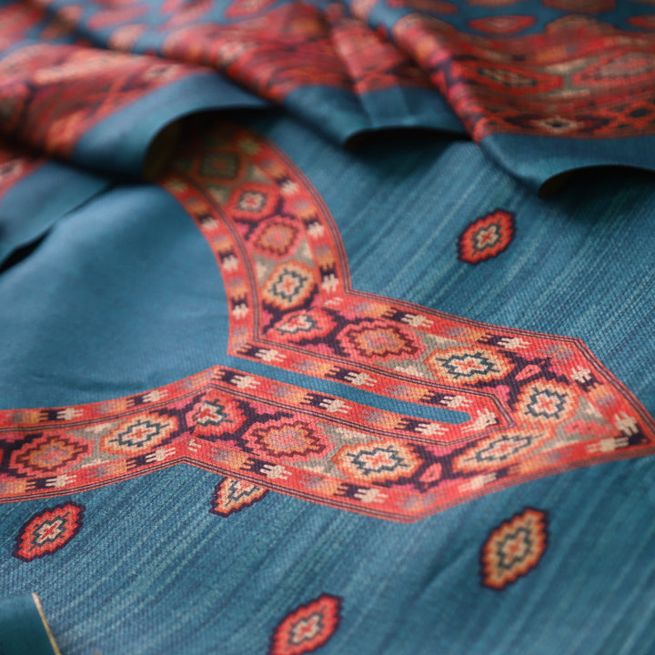 भानु Prussian Teal with Elegant Digital Printed Work Semi Pashmina winter Set