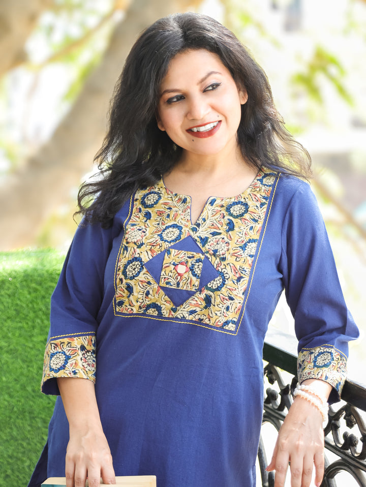 Kalmi Denim Blue with Kalamakri Patch with Mirror Work Short Cotton Kurti