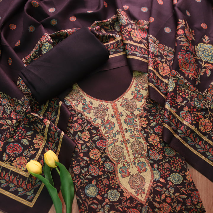 किशोरी Oil Black Elegant Digital Floral Printed Work Semi Pashmina winter Set