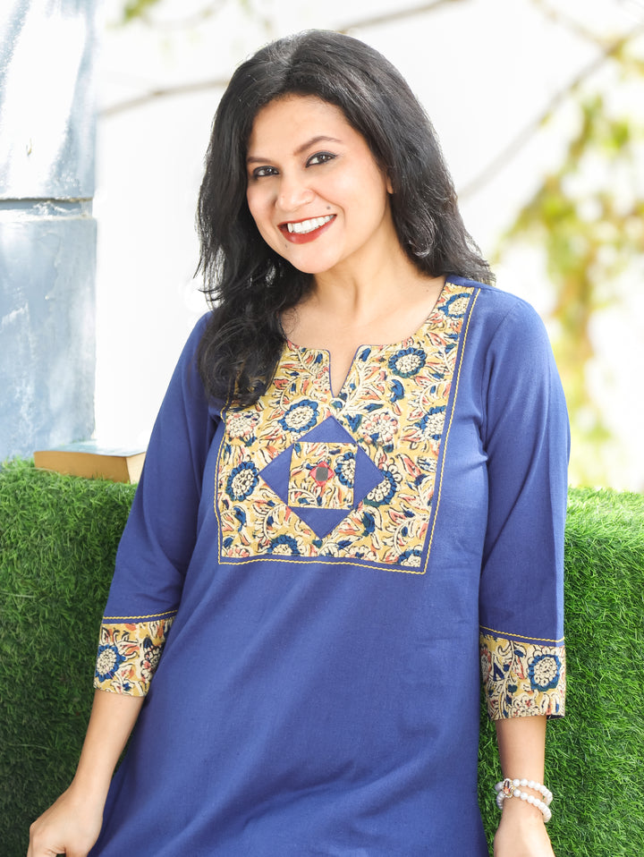 Kalmi Denim Blue with Kalamakri Patch with Mirror Work Short Cotton Kurti