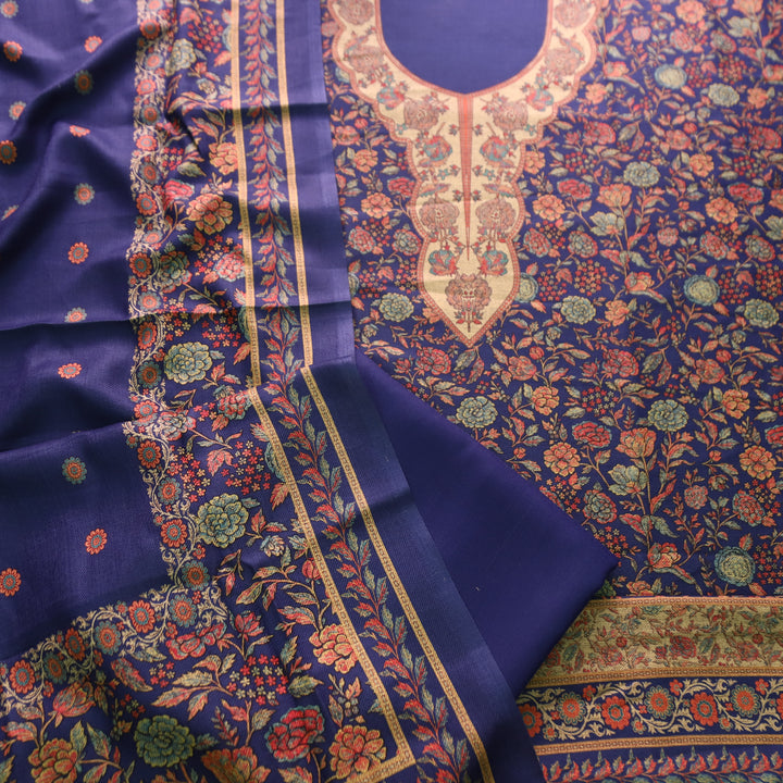 किशोरी Royal Blue Elegant Digital Floral Printed Work Semi Pashmina winter Set