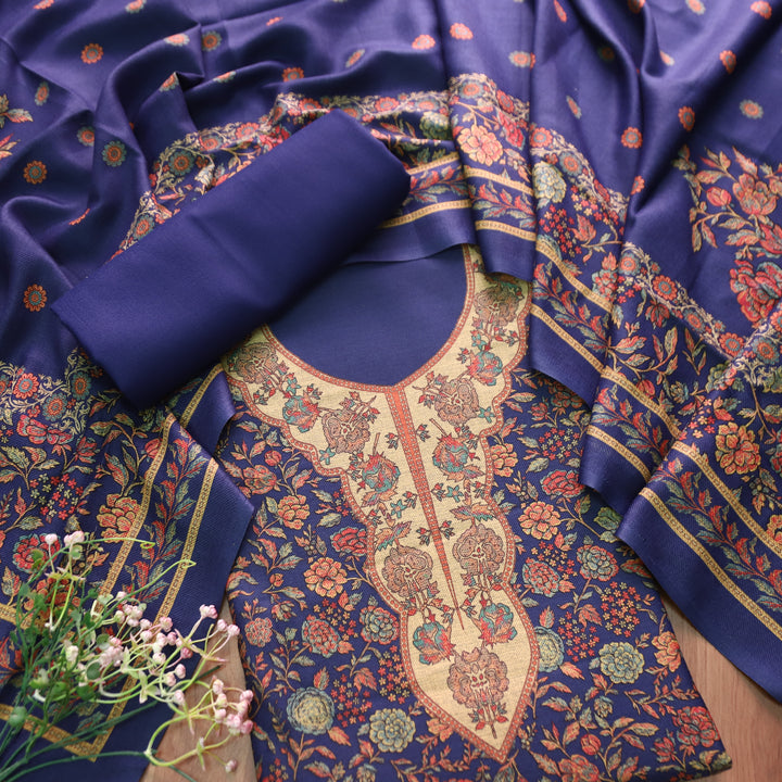 किशोरी Royal Blue Elegant Digital Floral Printed Work Semi Pashmina winter Set