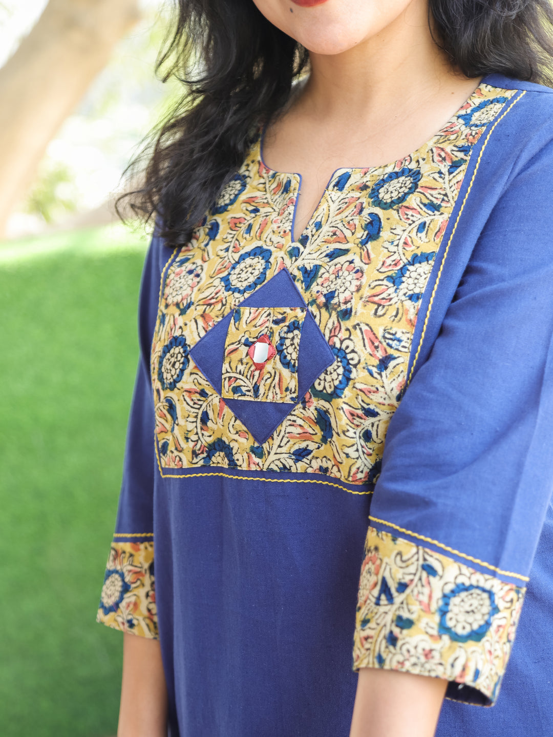 Kalmi Denim Blue with Kalamakri Patch with Mirror Work Short Cotton Kurti