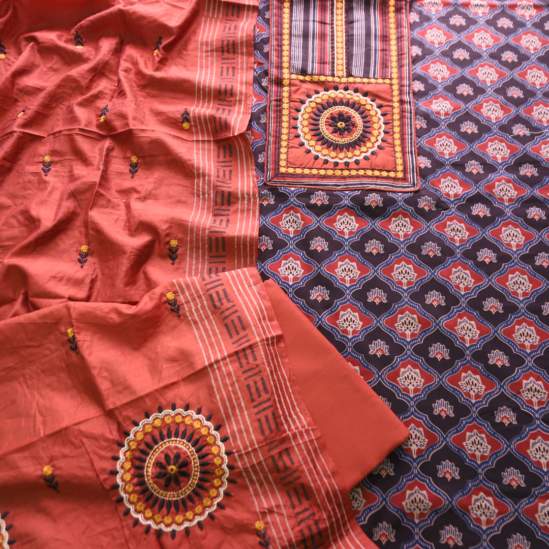 Patrani Ebony Black Kutch Patch with Thread Work Ajrak Printed Cotton Suit Set