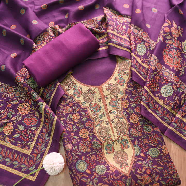 किशोरी Vibrant Purple Elegant Digital Floral Printed Work Semi Pashmina winter Set