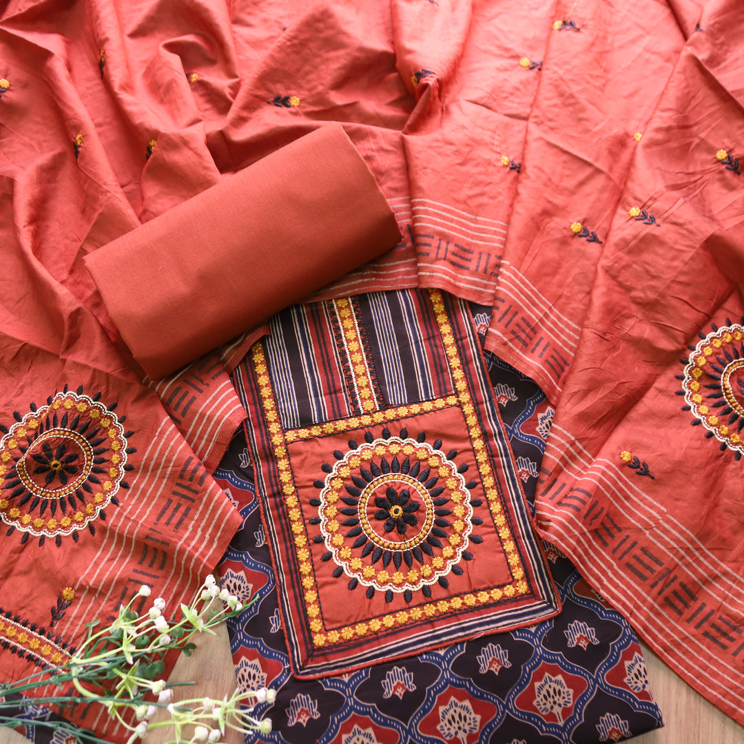 Patrani Ebony Black Kutch Patch with Thread Work Ajrak Printed Cotton Suit Set