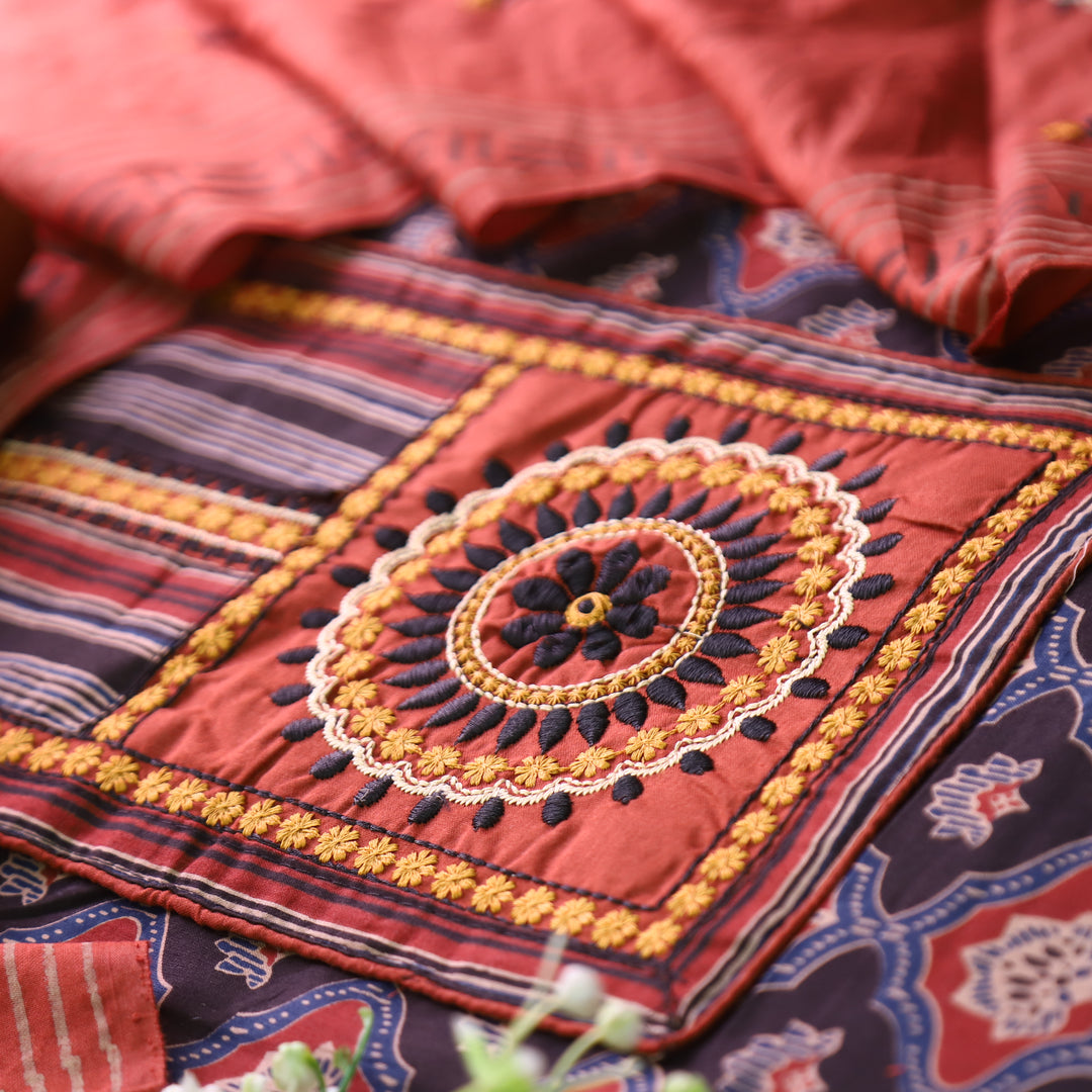 Patrani Ebony Black Kutch Patch with Thread Work Ajrak Printed Cotton Suit Set