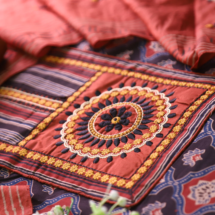 Patrani Ebony Black Kutch Patch with Thread Work Ajrak Printed Cotton Suit Set