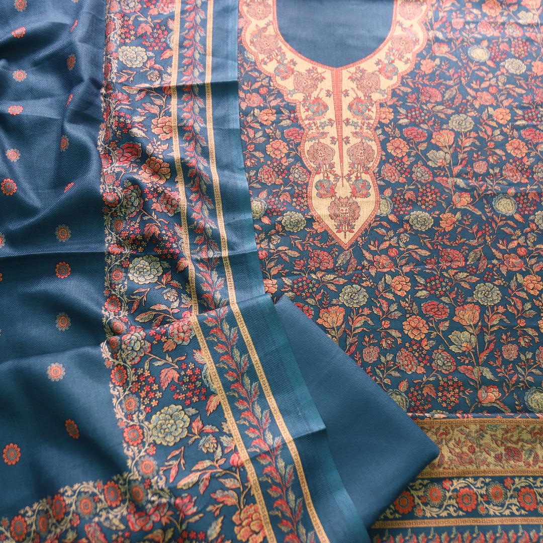 किशोरी Cerulean Teal Elegant Digital Floral Printed Work Semi Pashmina winter Set