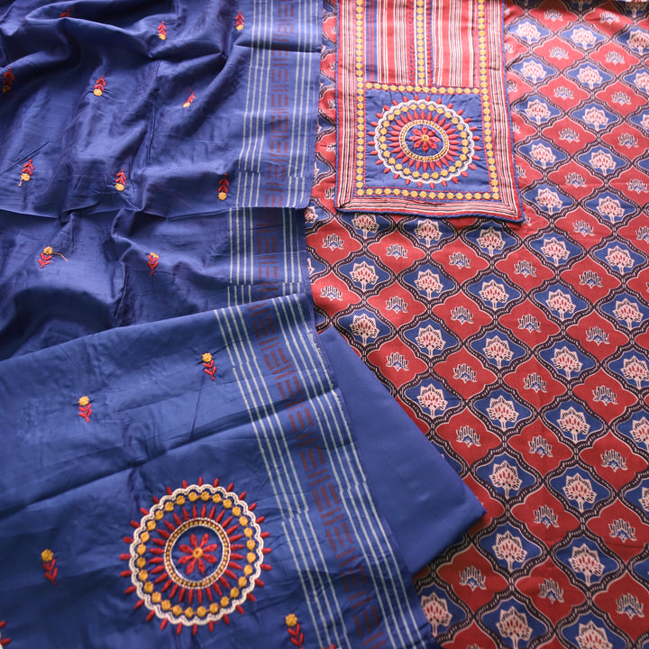Patrani Denim Blue Kutch Patch with Thread Work Ajrak Printed Cotton Suit Set
