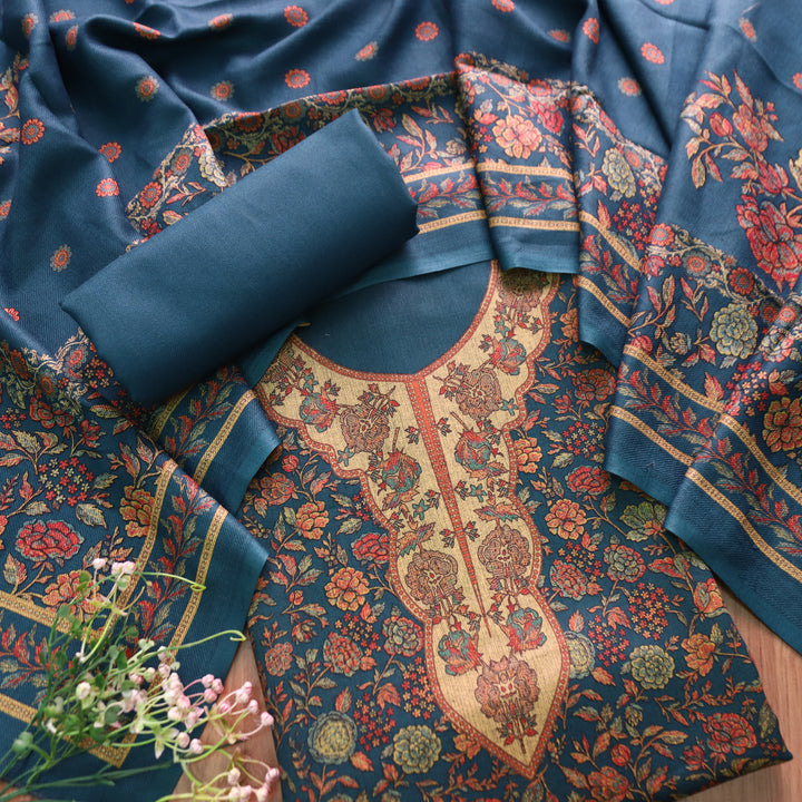 किशोरी Cerulean Teal Elegant Digital Floral Printed Work Semi Pashmina winter Set