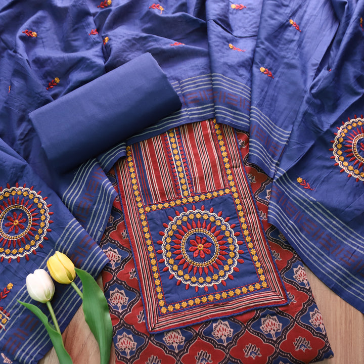 Patrani Denim Blue Kutch Patch with Thread Work Ajrak Printed Cotton Suit Set