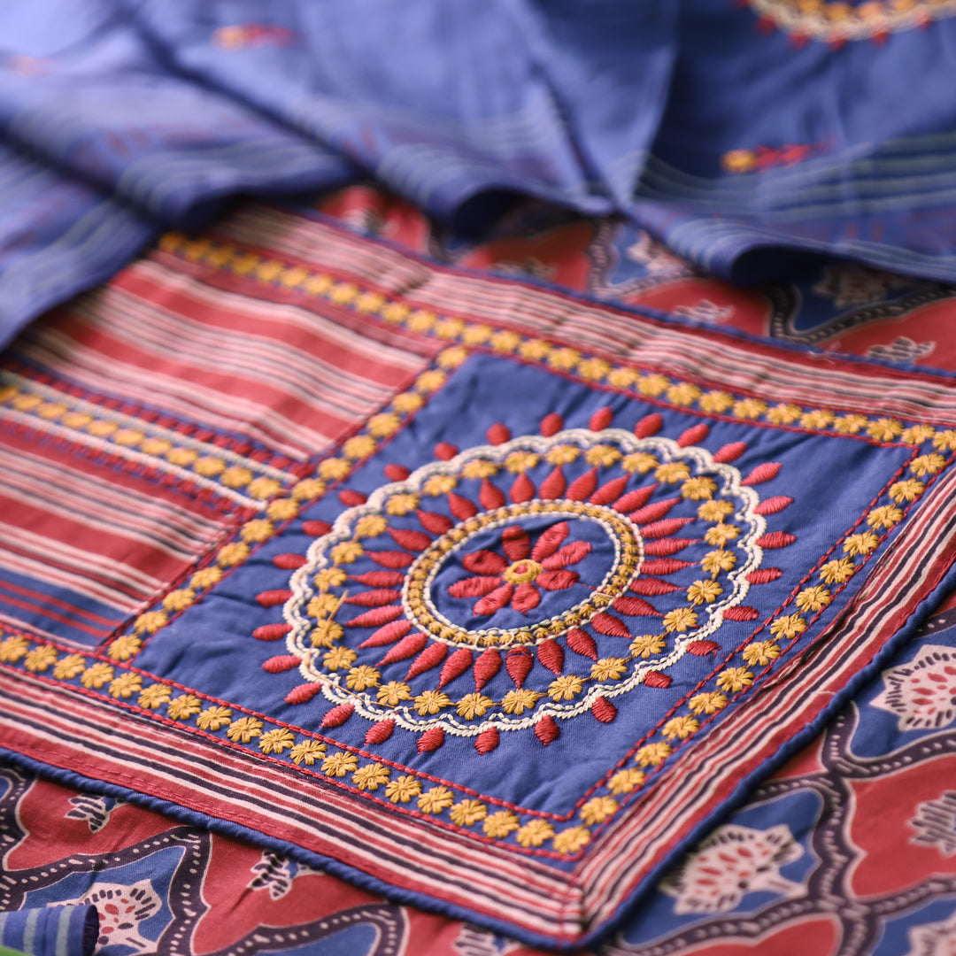 Patrani Denim Blue Kutch Patch with Thread Work Ajrak Printed Cotton Suit Set