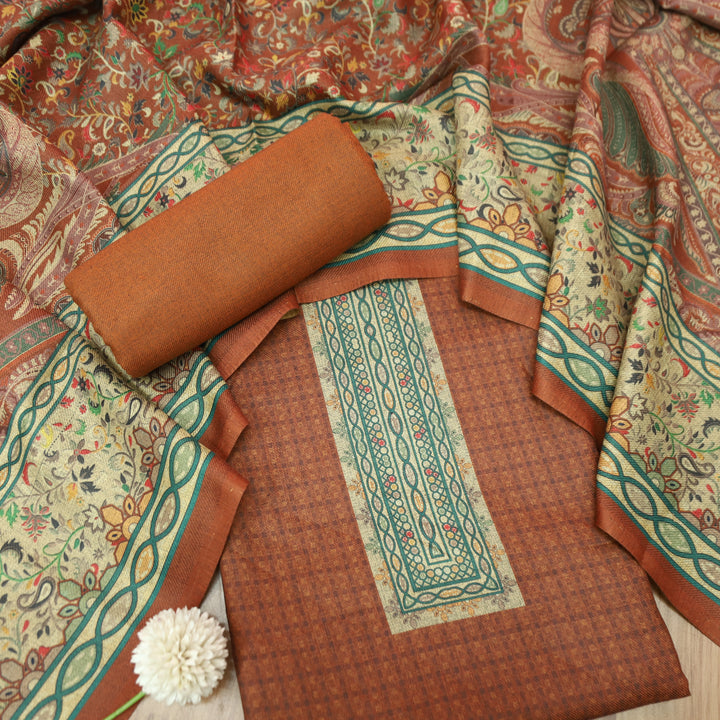 आरती Rust Orange Digital Kanni Printed Hem Semi Pashmina Winter Set