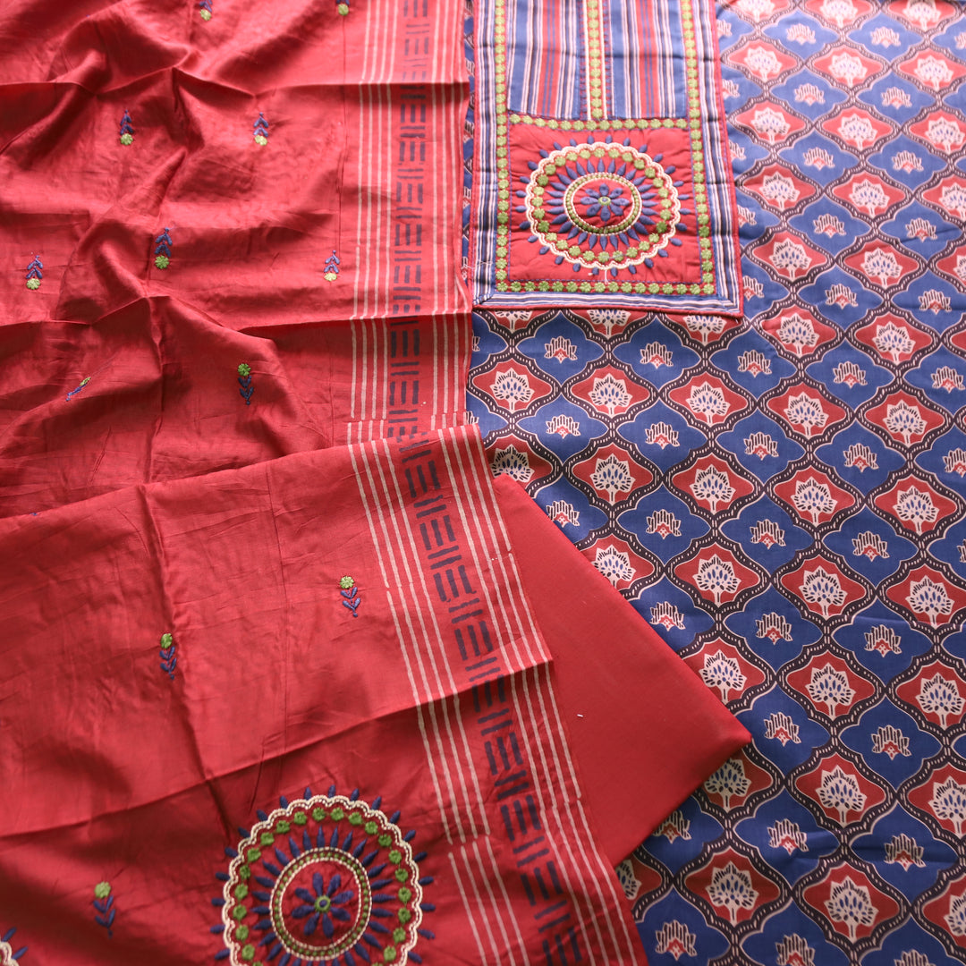 Patrani Cherry Red Kutch Patch with Thread Work Ajrak Printed Cotton Suit Set