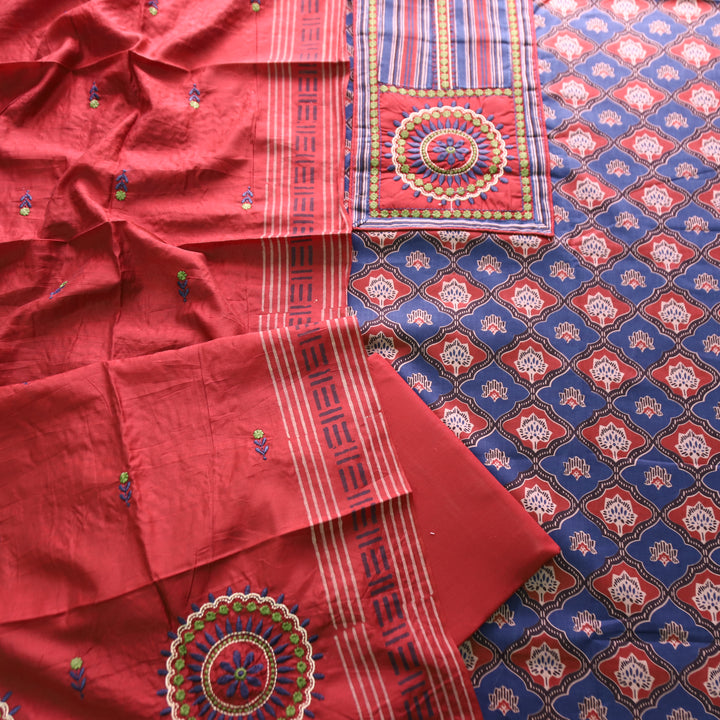 Patrani Cherry Red Kutch Patch with Thread Work Ajrak Printed Cotton Suit Set