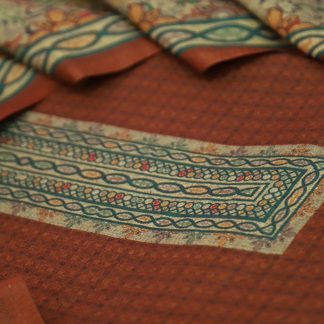 आरती Rust Orange Digital Kanni Printed Hem Semi Pashmina Winter Set