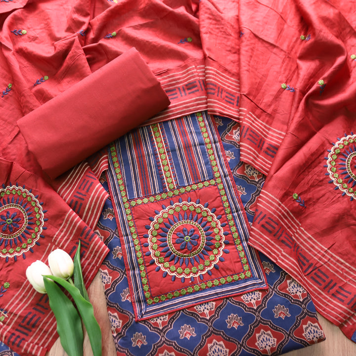 Patrani Cherry Red Kutch Patch with Thread Work Ajrak Printed Cotton Suit Set