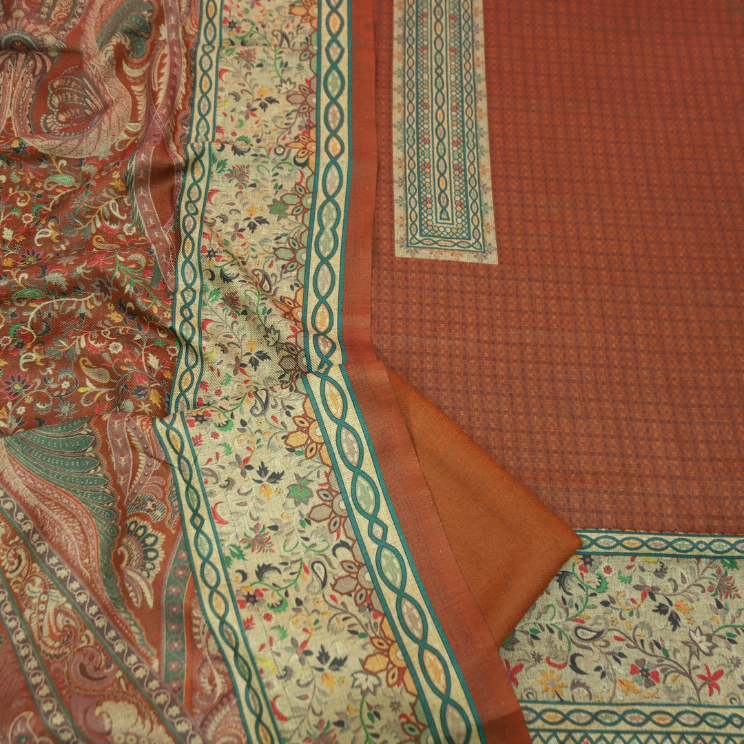 आरती Rust Orange Digital Kanni Printed Hem Semi Pashmina Winter Set