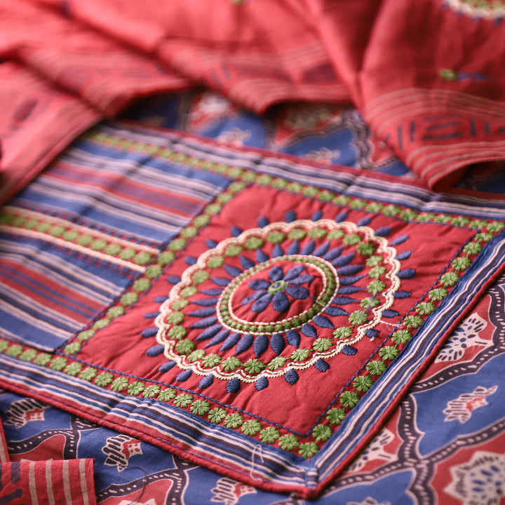 Patrani Cherry Red Kutch Patch with Thread Work Ajrak Printed Cotton Suit Set