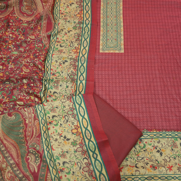 आरती Apple Red Digital Kanni Printed Hem Semi Pashmina Winter Set