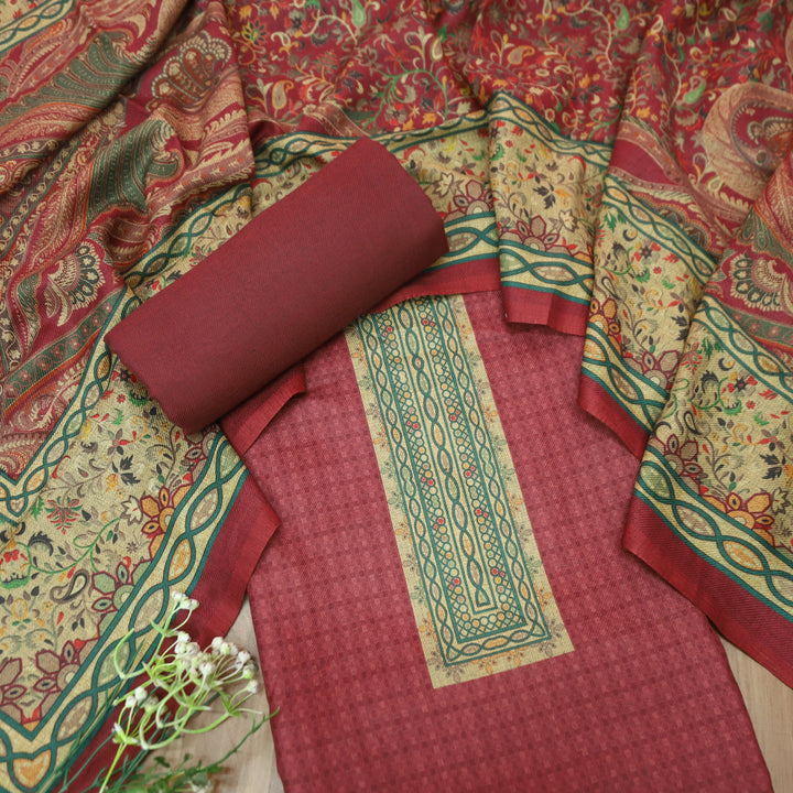 आरती Apple Red Digital Kanni Printed Hem Semi Pashmina Winter Set